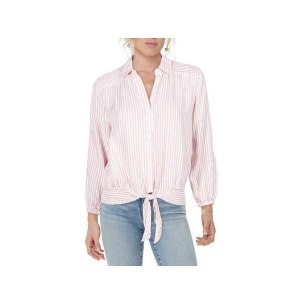 TWELVE O TWO Womens Top Button Up Smocked Long Sleeve Collared Tie-front